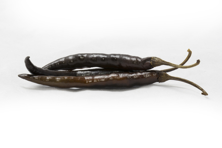 dried black chili peppers on white backgroundの写真素材