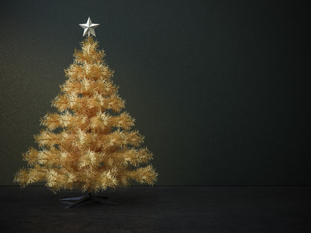 Decorated christmas tree in dark green roomの写真素材
