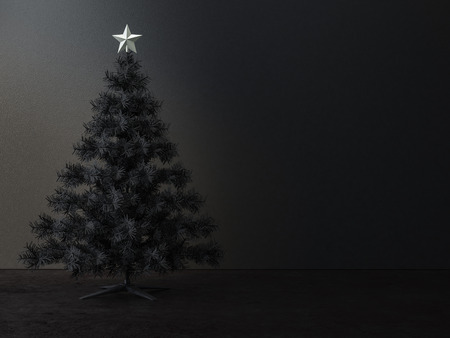 Decorated christmas tree in dark  roomの写真素材