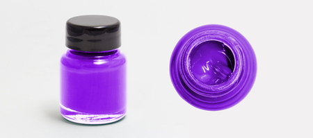 blueviolet acrylic color bottle side and top view white isolated with clipping pathの写真素材