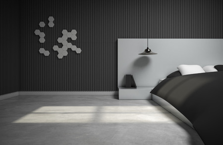 monotone bedroom design with 3d wall. 3d renderingの写真素材