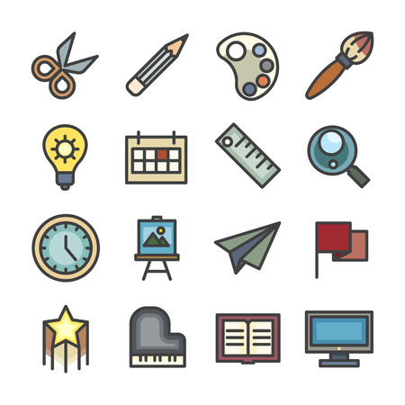 creative idea study workshop line icon set vector vintage style colorのイラスト素材