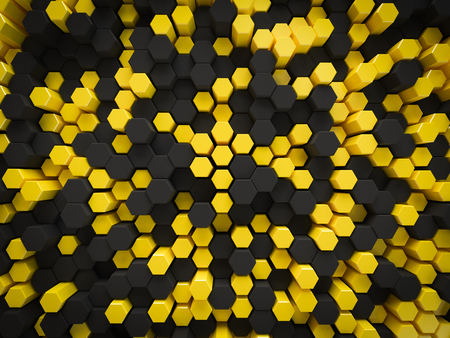 abstract 3d black yellow background hexagon honey comb shaped small scattered for modern technology...