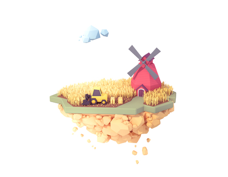 farmer use combine harvester harvesting wheat crops autumn seasons low poly 3d illustration. floating isolated island farm.の写真素材