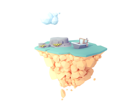 boat floating on ocean sea river low poly 3d illustration.water surface on floating isolated island.の写真素材