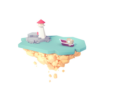 boat heading to big red lighthouse somewhere in floating island ocean sea low poly 3d illustrationの写真素材