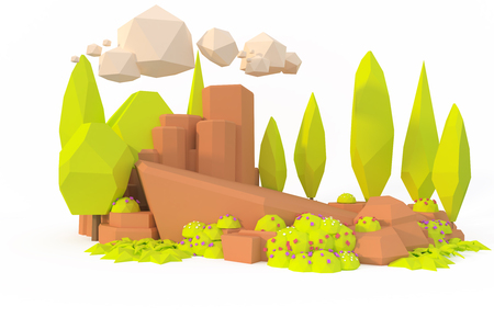 mountain tree hill summer landscape camping travel low poly concept 3d renderの写真素材