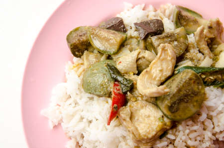 Kaeng Khiao Wan Kai or chicken green curry Delicious Thai Chicken Curry and Vegetables in Coconut Milk, served with Riceの写真素材