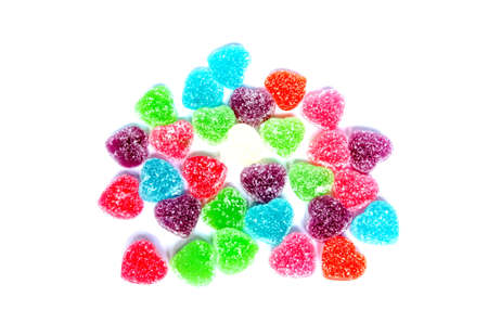 Fruit jellies candy hearts on white backgroundの写真素材