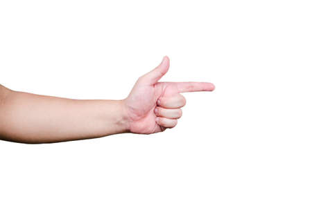 Man s hand shows a direction pointing handの写真素材