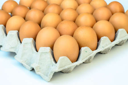 the brown eggs in egg box on white background