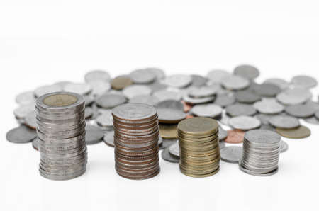 thai coins arranged in stack isolated on whiteの写真素材