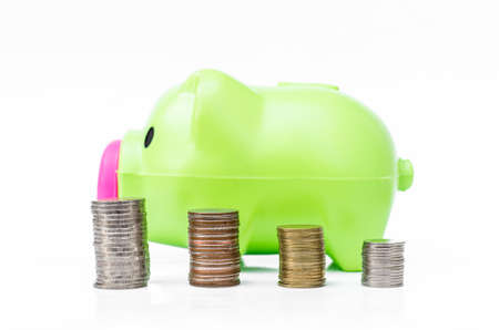 Piggy bank  and coin arranged in stackの写真素材