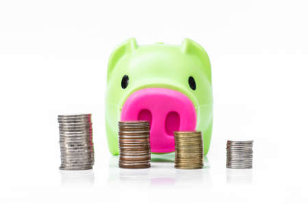 Piggy bank  and coin arranged in stackの写真素材