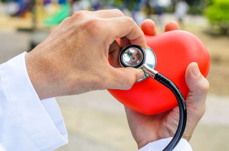 Doctor with stethoscope examining red heartの写真素材