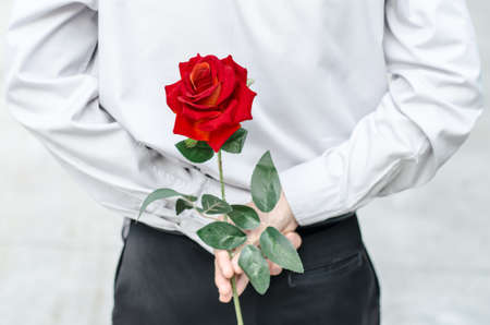 Photo of man holding a red rose behind his back  for his womanの写真素材