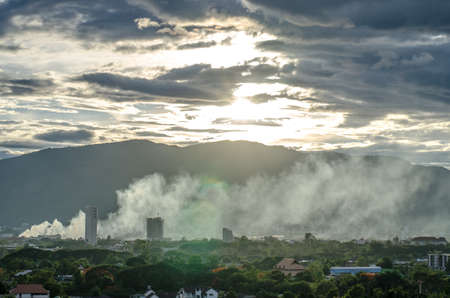 Smoke over the city - Fire in the city overview.の写真素材