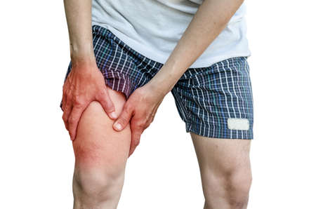 man with leg calf pain isolated on pure white background