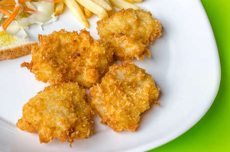 Fish Steaks, french fries with vegetables salad on a plateの写真素材