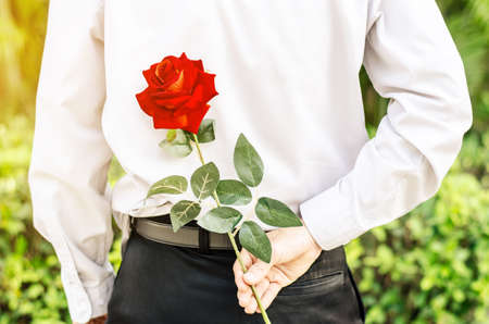 Photo of man holding a red rose behind his back  for his womanの写真素材