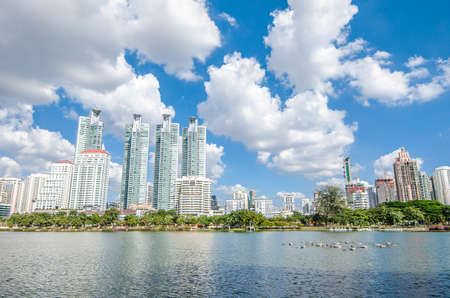 BANGKOK THAILAND - November, 12 2016 : Cityscape view of buildings at Benjakitti Park. Benjakitti Park is a city downtown and located in the heart of Bangkok near business area.のeditorial素材