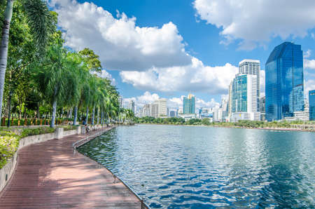 BANGKOK THAILAND - November, 12 2016 : Cityscape view of buildings at Benjakitti Park. Benjakitti Park is a city downtown and located in the heart of Bangkok near business area.のeditorial素材