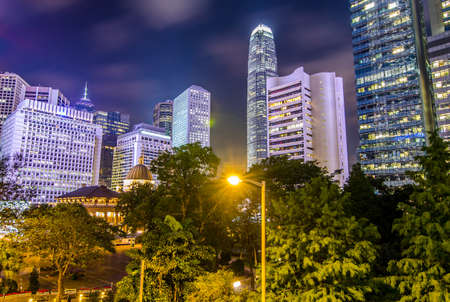 Details of business buildings at night in Hong Kongの写真素材