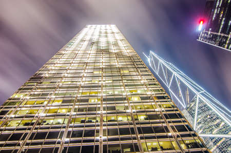 Details of business buildings at night in Hong Kong