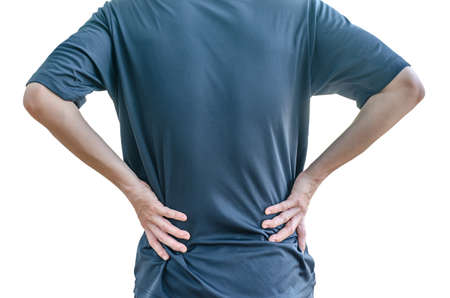 man holding his back in pain, monochrome photo with red as a symbol for the hardening