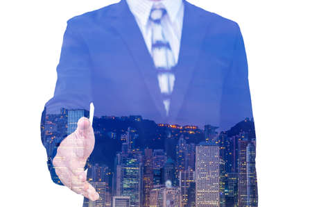 isolated and double exposure of businessman extending hand to shake with city scape.の写真素材