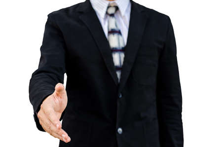 isolated and double exposure of businessman extending hand to shake with city scape.の写真素材