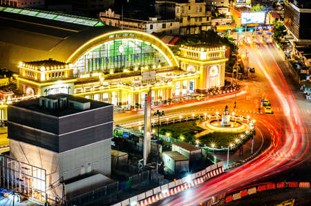 BANGKOK - May 22 : Hualampong, the central train station in Bangkok, Thailand,with night light decoration under cloudy twilight sky, on May 22, 2017.のeditorial素材