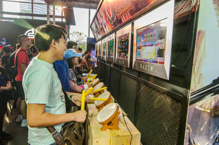 THAILAND - 4 November 2017: Boots games by PlayStation 4. Mounted displays at Thailand game show big...