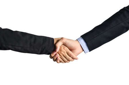 Business handshake. Two businessman and business women shaking hands isolated on white backgroundの写真素材