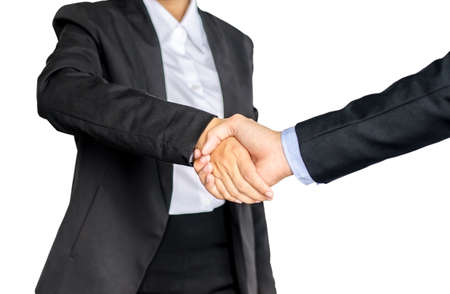 Business handshake. Two businessman and business women shaking hands isolated on white backgroundの写真素材