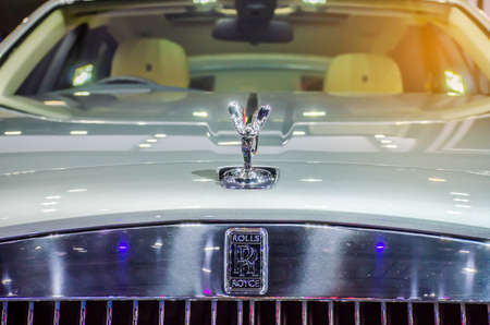 BANGKOK, THAILAND - APRIL 6, 2018: Close up of the hood ornament of a classic Rolls Royce from the...