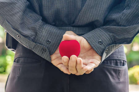 man, groom is holding a box with wedding rings behind his back, wedding concept, happy family,close-upの写真素材