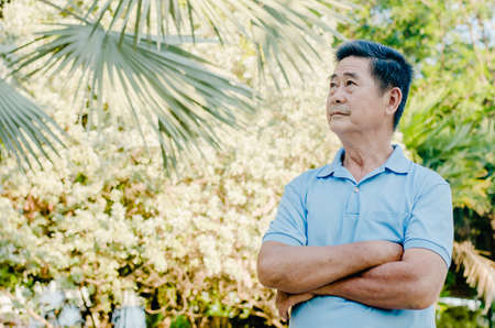 Senior gentleman stand in a park see to the future on a beautiful summer dayの写真素材