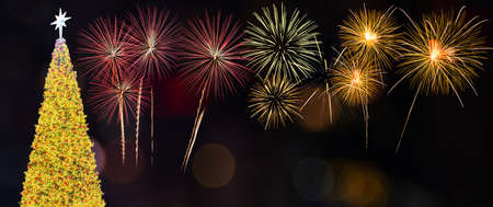 Christmas tree on New Year colorful fireworks background, Christmas and New Year holidays background
の写真素材