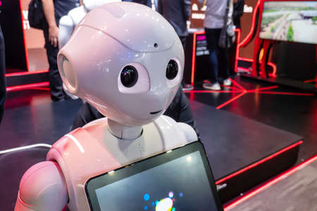Bangkok-Thailand Nov 05, 2019: "Pepper" robot assistant with digital tablet information screen in duty to give informationのeditorial素材