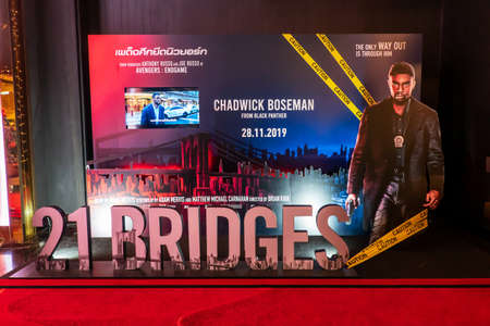 BANGKOK, THAILAND, Nov 25, 2019 - A beautiful standee of a movie called 21 Bridges movie display at the cinema to promote the movie,film industry marketing concept, Cinema promotional advertisementのeditorial素材