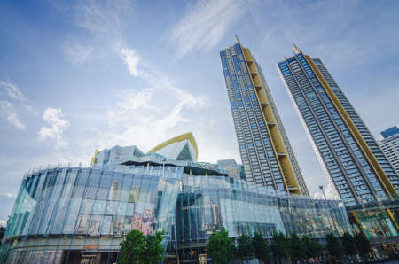 BANGKOK, THAILAND - 26 June, 2019: Exterior view of ICON Siam at River side. ICON SIAM is the new Shopping Center and Landmark of Bangkok at sunlight in eveningのeditorial素材