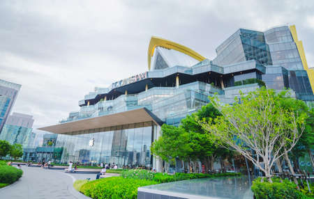 BANGKOK, THAILAND - 26 June, 2019: Exterior view of ICON Siam at River side. ICON SIAM is the new Shopping Center and Landmark of Bangkok at sunlight in eveningのeditorial素材