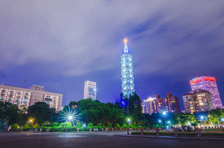 Taipei, Taiwan - May 17, 2019 : Night view of gardens at the National Sun Yat-sen Memorial Hall and...