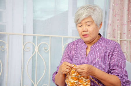 Elderly women are knitting colorful yarn in the living room.Older women are in the room.Asian people are Doing activities on the couch.Women have white hair on their heads.の写真素材
