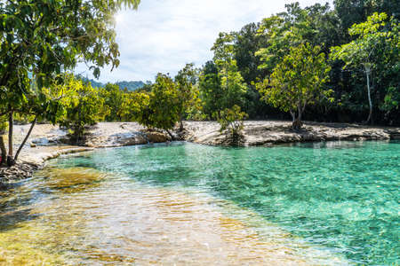 The emerald green water pool is unseen pool, Popular tourist beauty in Krabi area of Phuket in Thailand.の写真素材