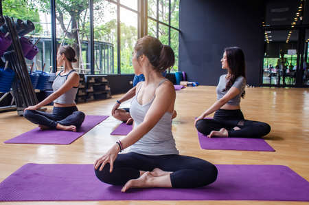 Group of young sporty attractive people practicing yoga lesson with basic pose with instructor,...