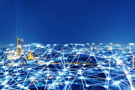 Wireless network, Connection technology concept, Information communication network, abstract line connection on night city backgroundの写真素材