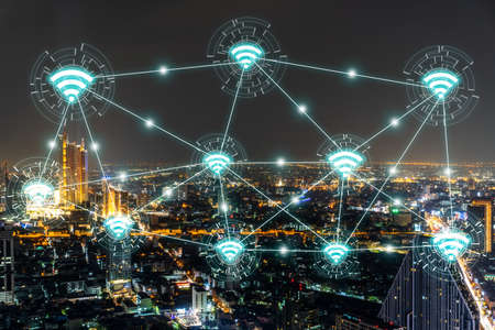 Beautiful panorama cityscape with wifi network and connection technology concept, internet globalization conceptの写真素材