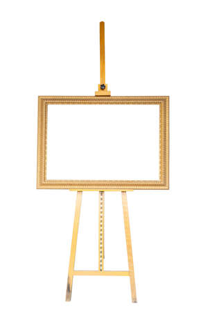 Painting stand wooden easel and empty antique golden frame isolated on white backgroundの写真素材